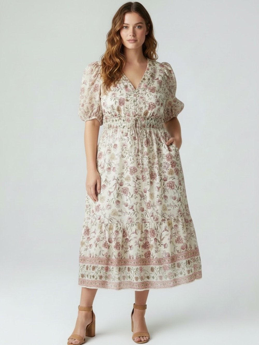 V-Neck Puff Sleeves Floral Dusty Pinks Elastic Waist Maxi Dress  3X